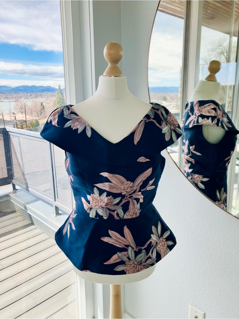 Adrianna Papell Navy Floral Jacquard Off-Shoulder Peplum Top